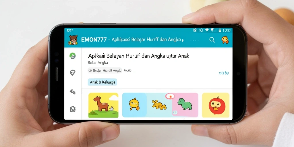 Tampilan antarmuka aplikasi EMON777 untuk belajar huruf dan angka.
