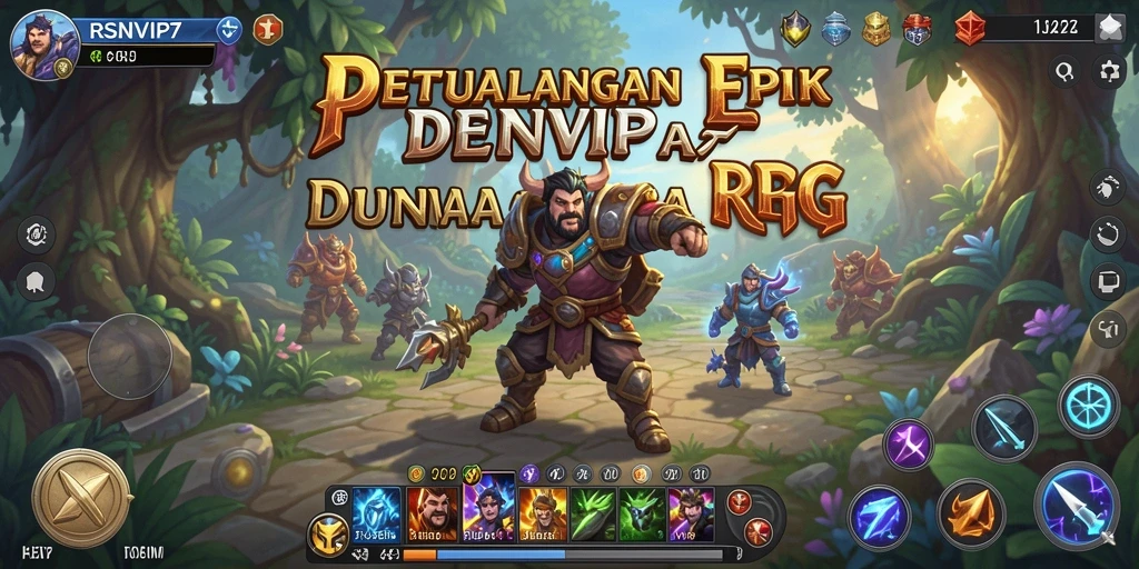 Antarmuka game RPG yang menampilkan karakter dan latar belakang yang menarik.